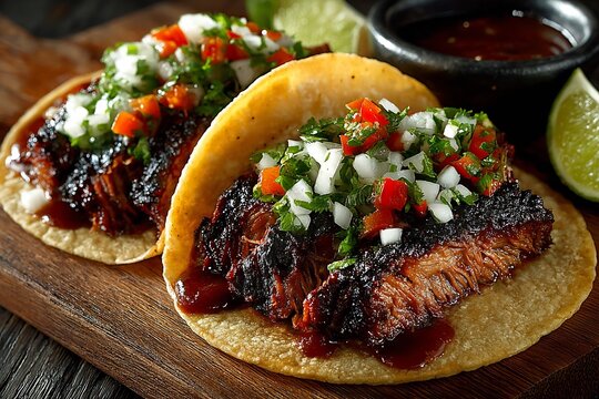Savory brisket tacos piled high with fresh salsa and zesty lime, ready for your delicious dinner tonight