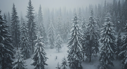 Naklejka premium Dense Snow-Covered Pine Forest in Misty Winter Landscape