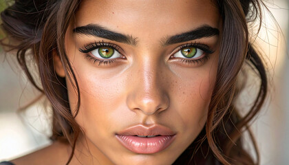 close up de la cara de una mujer joven y guapa con piel cuidada perfecta y ojos verdes con una expresion firme y mirada intensa