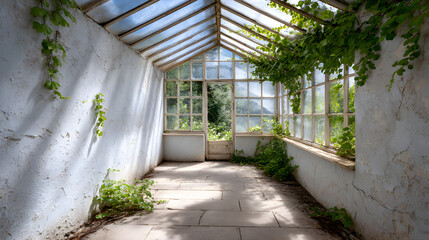 Abandoned greenhouse interior with overgrown vines, large windows allowing natural light, and cracked walls, creating a serene atmosphere of nature reclaiming space
