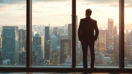 Fototapeta premium Confident business leader standing by window with city skyline, corporate leadership and success concept