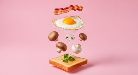 Floating Breakfast Ingredients on Pink Background food