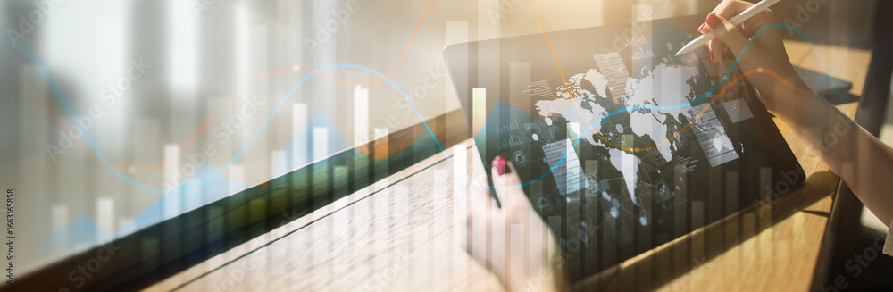 Poster trading and market analysis with data visualization on a wide banner, business and technology concep