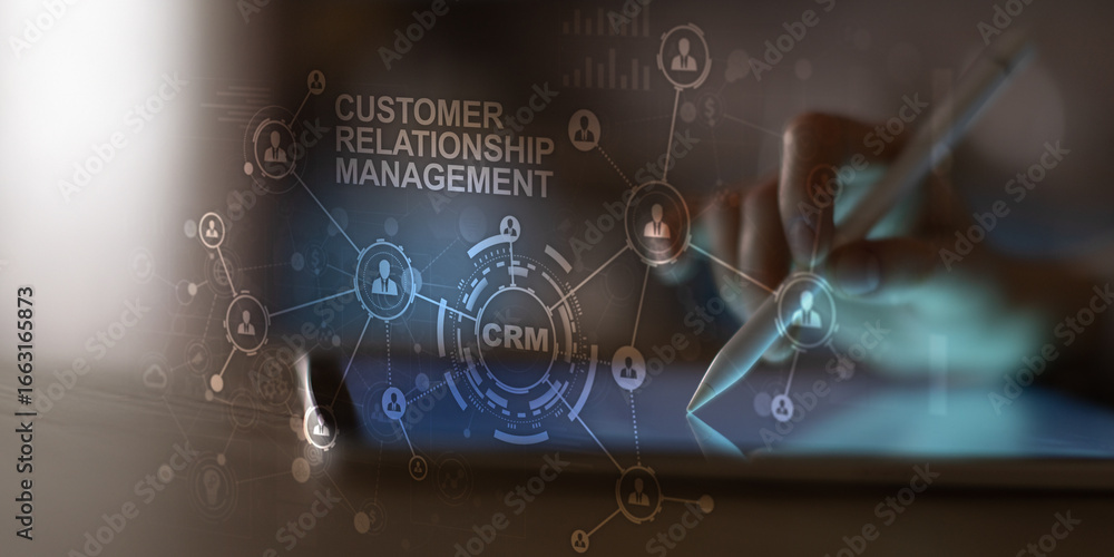 Poster customer relationship management system visualization with network connections and data analytics.