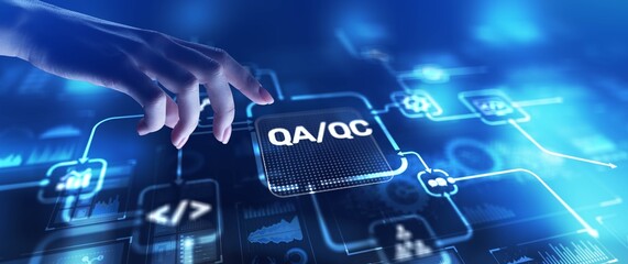 QA QC Quality Assurance and Quality Control for Product Excellence, projection on a virtual screen, Business and Technology Concept.