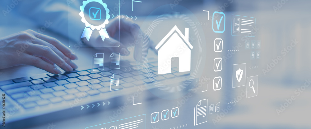 Poster digital property certification and real estate approval workflow interface on touchscreen.