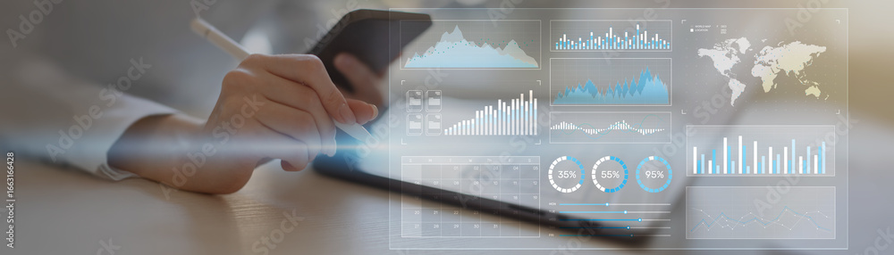 Poster interactive data analytics and performance metrics visualization on a modern digital tablet.