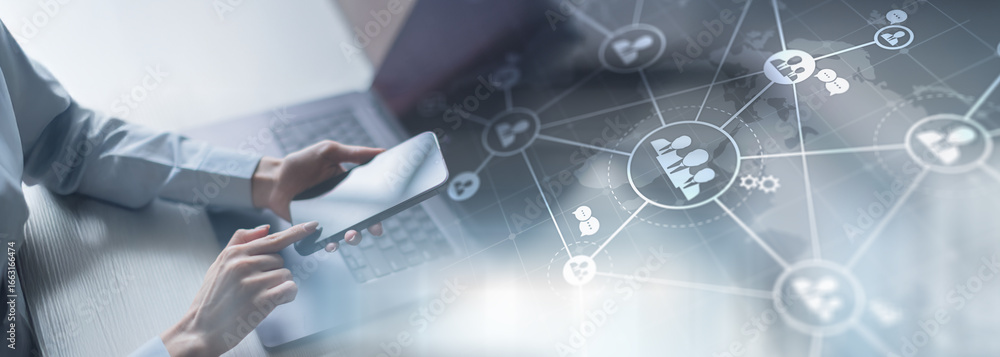 Poster global business networking and communication visualized on a futuristic digital interface.