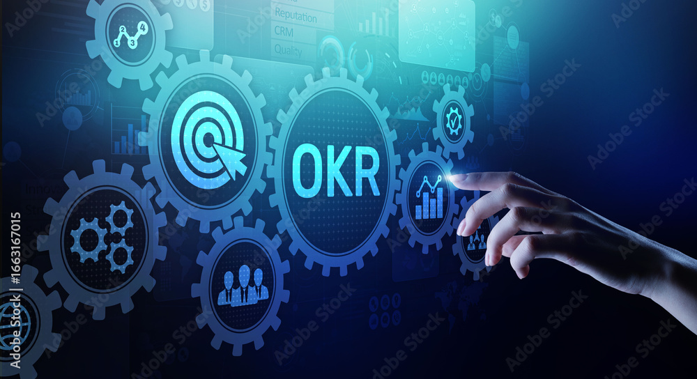 Poster objective key results business technology process improvement concept on virtual screen.