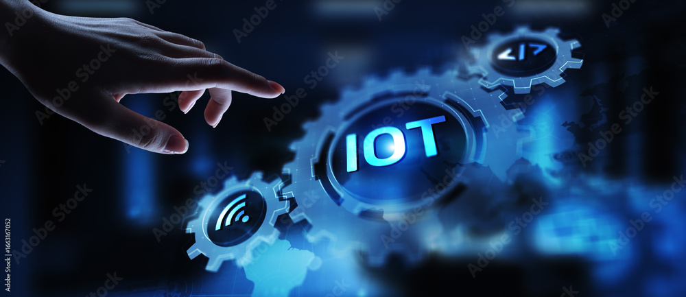 Poster iot internet of things digital transformation modern technology concept on virtual screen.