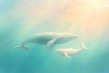 Fototapeta premium Majestic whale and calf swimming gracefully under sunlit ocean waves