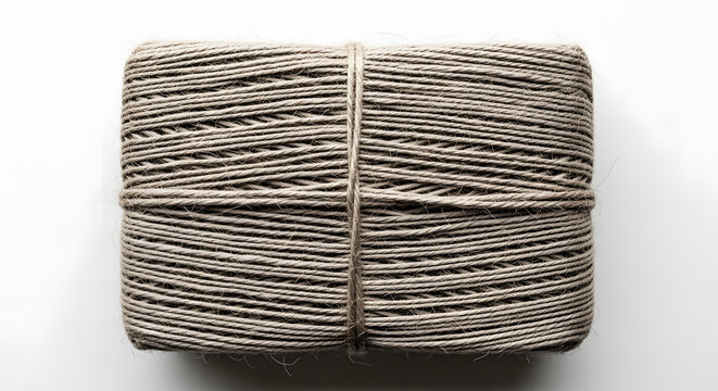 Bundle of thick twine tied with string on white background