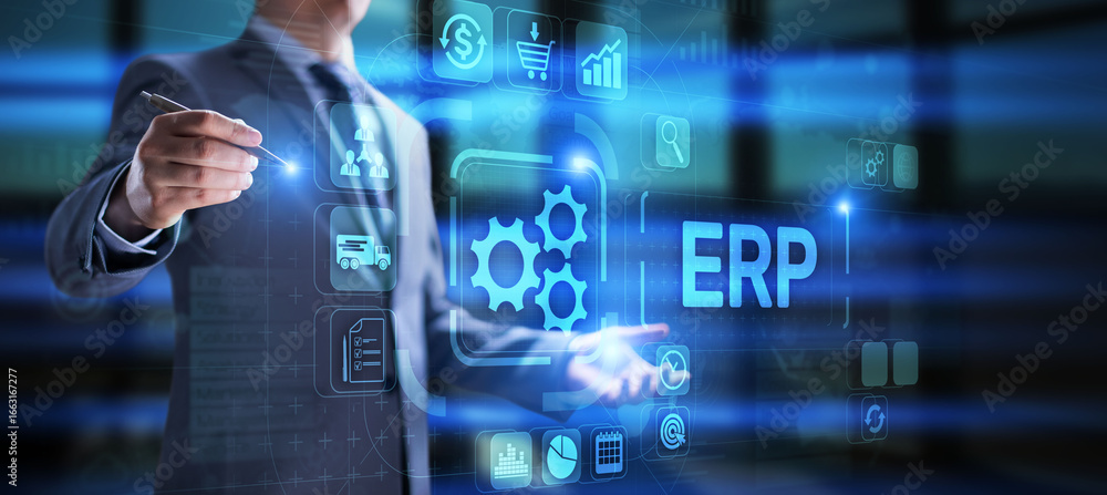 Aufkleber erp enterprise resources planning sap business process automation internet technology concept.