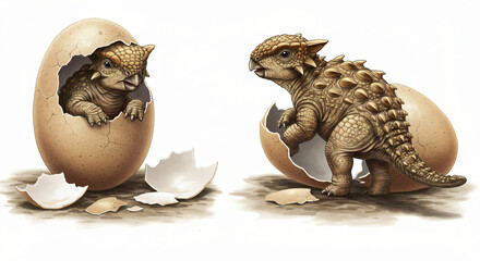 Obraz premium Cute baby dinosaurs with armor and spikes breaking out of eggs, fun 3D render of prehistoric twins, perfect for kids content and dinosaur learning themes