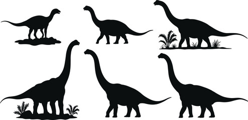 Sauropod dinosaur silhouettes, long-necked prehistoric animals, walking poses, plant elements, vector illustration, black graphic, paleontology concept, ancient wildlife