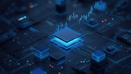 Glowing central processor unit on a circuit board with data visualization