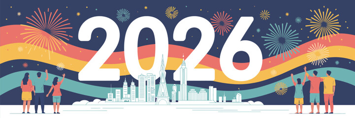 Illustrated new year celebration with fireworks and city skyline under the year two thousand twenty six