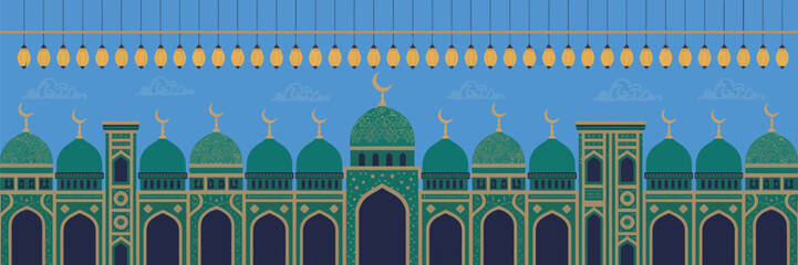 Illustration of a row of mosques with green domes and hanging lanterns against a blue background design