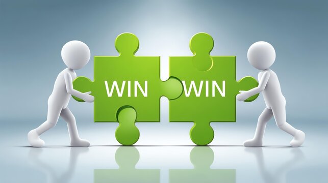 Achieving win-win situations: A concept that shows the interconnectedness and collaborative approach. The image displays two figures connecting the final puzzle piece to make the word win.