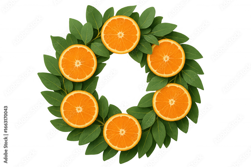 Poster Citrus arrangement featuring orange slices and verdant leaves forming circular pattern, backlit with transparent backdrop for graphic design element
