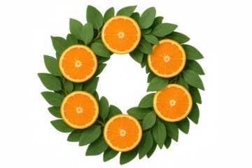Citrus arrangement featuring orange slices and verdant leaves forming circular pattern, backlit with transparent backdrop for graphic design element