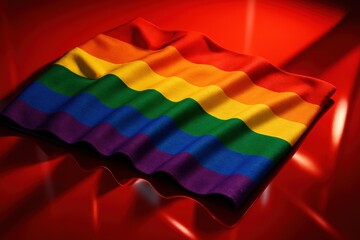 Rainbow pride flag on red background. Use for equality, LGBTQ+, celebration, and diversity marketing.