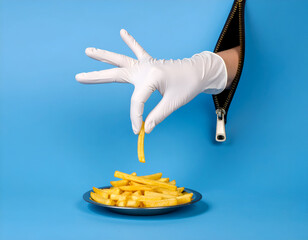 Surreal Hand with White Glove Stealing French Fries Through Zipper on Blue Background