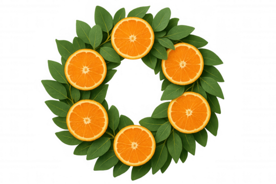 Citrus arrangement featuring orange slices and verdant leaves forming circular pattern, backlit with transparent backdrop for graphic design element