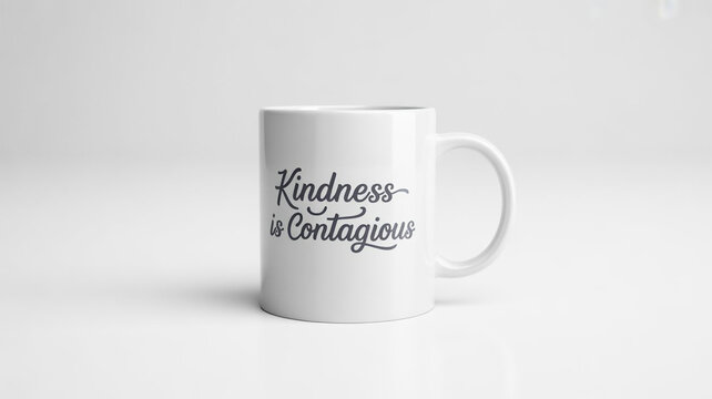 Closeup of a white coffee mug with the inspirational quote kindness is contagious on the side, a motivational message to spread positivity and kindness, isolated on white background