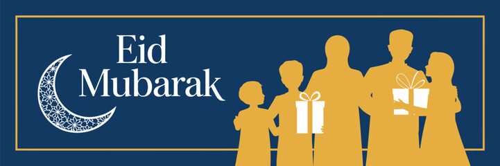 Eid mubarak greeting card with family silhouette and gifts on a blue background with golden accents design