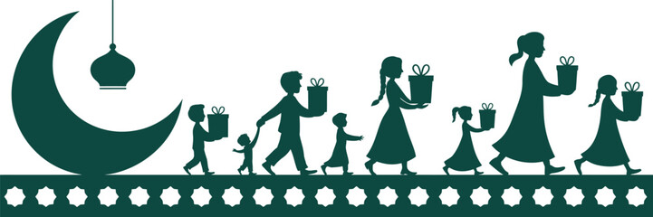 A green silhouette of a family with gifts walking under a moon and lantern on a patterned background
