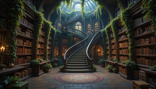 A grand, winding staircase ascends through a magnificent library filled with ancient books and lush greenery, bathed in warm, inviting light.