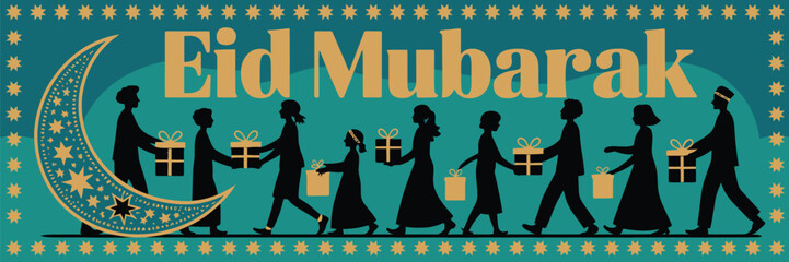 Eid mubarak illustration with silhouettes of people carrying gifts and a crescent moon with stars design