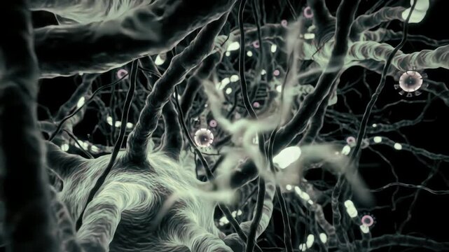 Through neurons, revealing herpes viruses glowing faintly as they hide within synaptic gaps