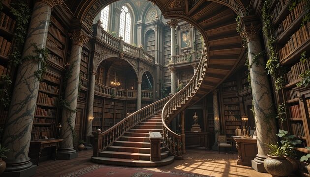 A grand, spiral staircase ascends through a vast, ornate library filled with antique books and elegant details.