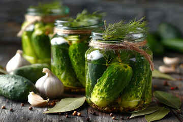 Pickled cucumbers in jars, fresh ones, garlic, dill and dry bay leaves on wooden table, flat lay