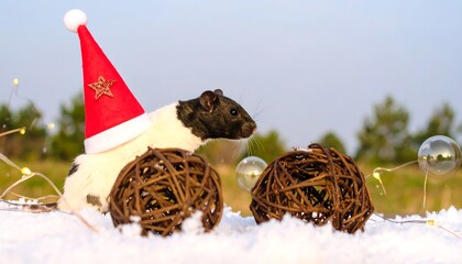 A rat in a Santa hat on snow