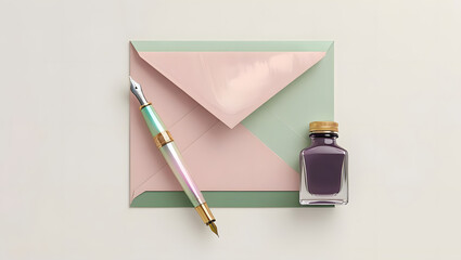 Elegant fountain pen with ink bottle and pastel envelope for sophisticated stationery designs and letter writing