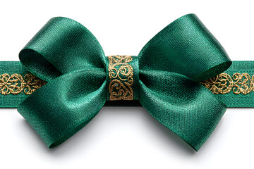 Elegant satin green ribbon with curly scroll bow for holiday decorations and greeting cards, isolated on white background