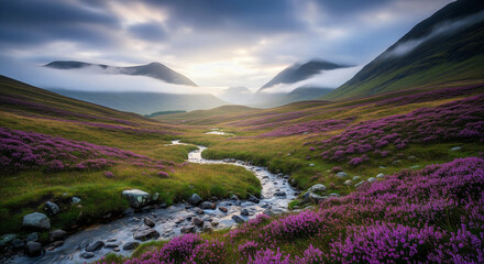 A winding stream through a field of purple heather in a foggy mountain valley