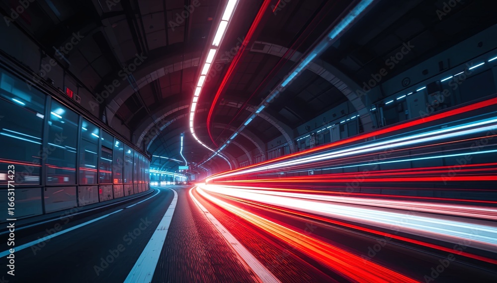 Poster vibrant streaks of light paint a highway tunnel, showcasing a dynamic, fast-paced atmosphere. a capt