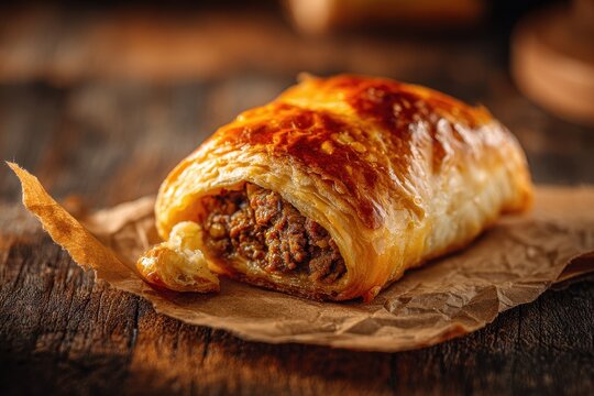 Golden, flaky pastry filled with savory meat filling on crinkled paper, wood background