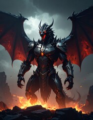 Armored dragon in fiery landscape