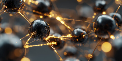 Molecular structure with black and golden spheres and connecting lines. Suitable for science and technology concepts or medical presentations.