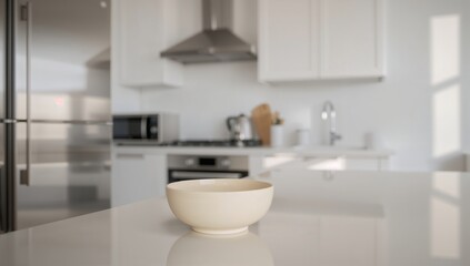 Fototapeta premium Bowl kitchen countertop with white ceramic bowl on clean modern kitchen background