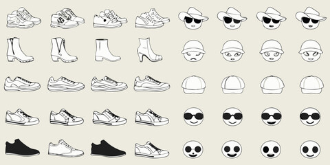 Assortment of footwear, headwear, and expressive faces