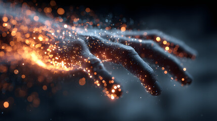 Digital hand interacting with glowing data particles in futuristic virtual interface.