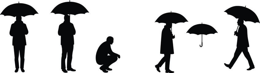Umbrella and people silhouettes, artistic vector set, social metaphor graphic, black figures, walking and standing poses, conceptual design illustration © Bappi Creatives