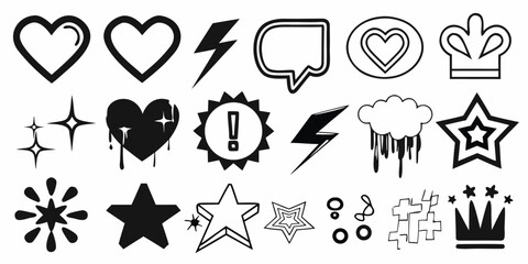 Collection of black and white graphic icons and symbols