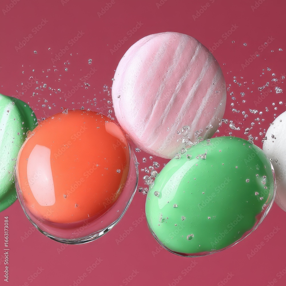 Poster floating pastel liquid blobs on pink background
